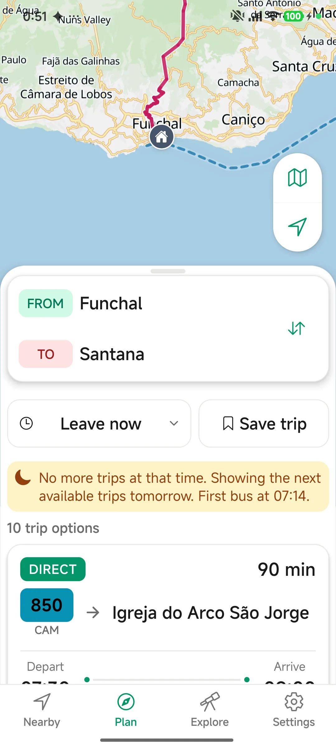 Screenshot of the Madeira Bus app showing journey options from Funchal to Santana, with a notice that there are no more buses tonight and the first one leaves at 07:14.