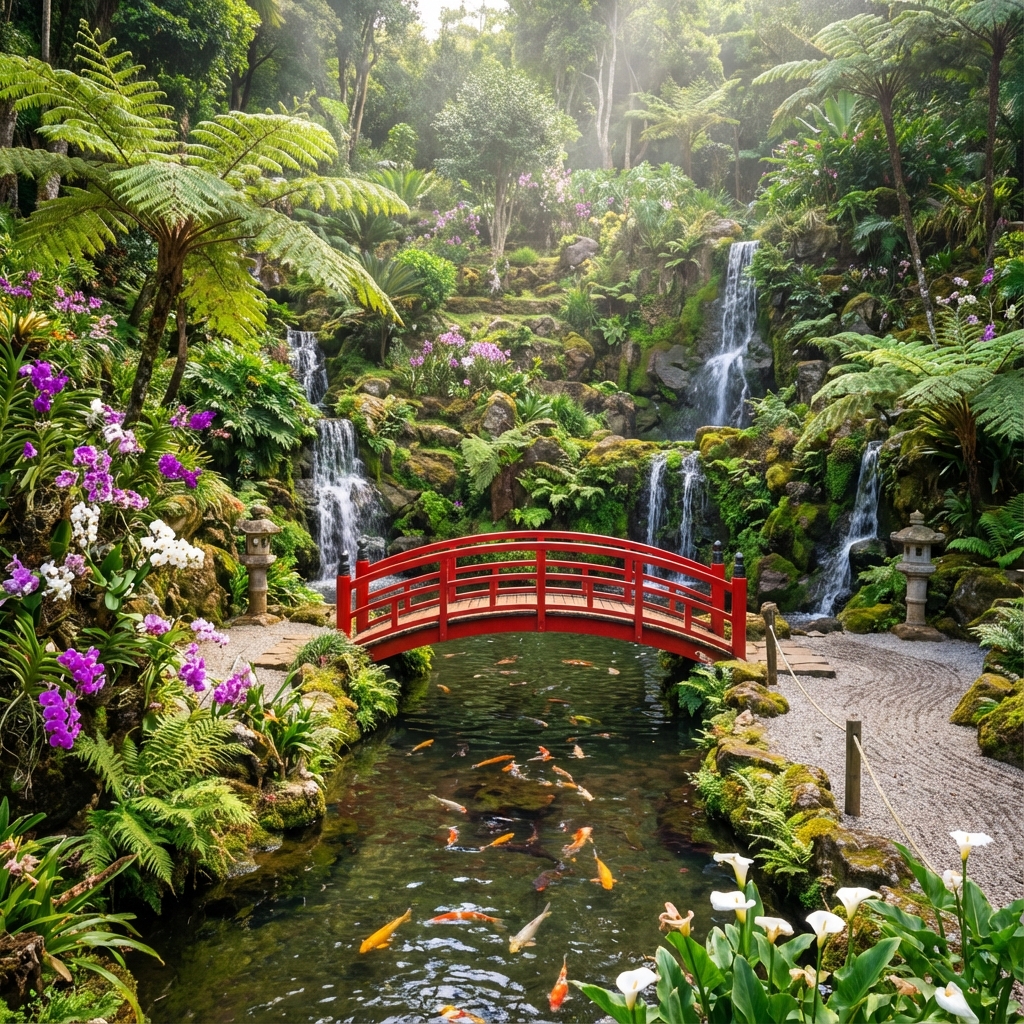 Oriental garden with pagoda and koi pond at Monte Palace Tropical Garden, Madeira